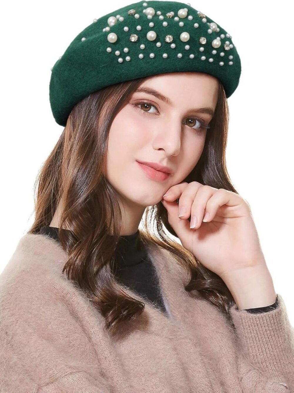 Women's Classic French Wool Beret Pearl & Rhinestone Embellishment Hat Green